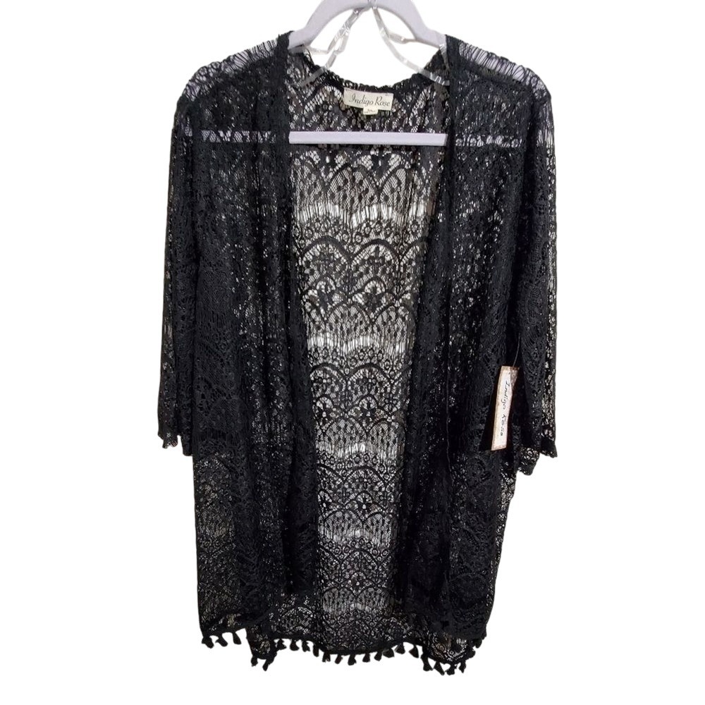 Indigo Rose Black Lace New Floral crocheted fringe kimono wrap plus Size 3X new‎